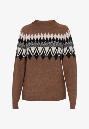 Bruine gebreide trui met een geometrisch patroon in zwart, wit en beige over de borst, voorzien van lange mouwen en een ronde halslijn.