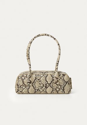 Rectangular handbag with beige and brown snake print pattern, two rounded handles, and a zipper closure on top.