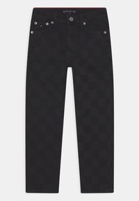 Černé džíny s kostkovaným vzorem, vyrobené z denimu, s stříbrnými detaily, pětipocket designem a rovnými nohavicemi.