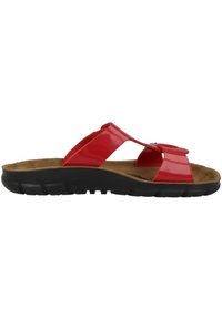 Red glossy flip-flop sandal with two wide straps, cork footbed, and black textured sole. Designed for casual wear and comfort.