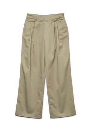 Pantaloni beige a gamba larga realizzati in tessuto liscio con pieghe sulla parte frontale, caratterizzati da una vita sagomata e senza tasche visibili.