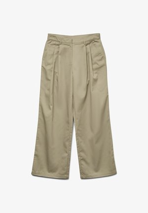Bež pantolonke širšega kroja iz gladkega materiala s plapolajočimi pregibi spredaj, z natančno oblikovanim pasom brez vidnih žepov.