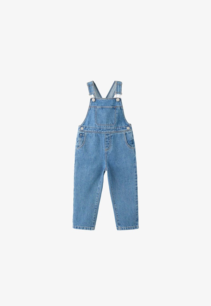 Salopette en denim bleu pour enfants avec bretelles réglables, poche poitrine avant, boutons latéraux et deux poches avant.
