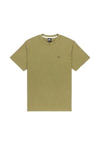 Olive green t-shirt with short sleeves, a round neck, and a subtle logo on the left chest. Soft, textured fabric with a heathered appearance.