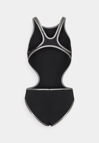 Bañador de una pieza negro con un diseño deportivo, que presenta acentos plateados y paneles laterales recortados. Está hecho de un material elegante y elástico.