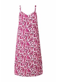 Abito maxi floreale con spalline sottili, caratterizzato da un vivace motivo rosa e bianco di foglie e animali. Realizzato in tessuto leggero.