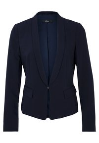 Námořnický modrý blazer vyrobený z hladké tkaniny, s šálovým límcem, dvěma předními kapsami a zapínáním na jeden knoflík. Ušitý na míru.