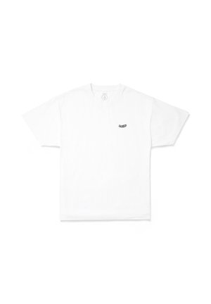 White cotton t-shirt with a crew neck, short sleeves, and a small black logo on the front left side. Soft texture and relaxed fit.
