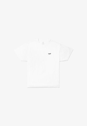 T-shirt en coton blanc avec col rond, manches courtes et un petit logo noir sur le côté gauche à l'avant. Texture douce et coupe décontractée.