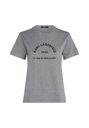 Graues Baumwoll-T-Shirt mit Rundhalsausschnitt und kurzen Ärmeln. Schwarzer Text mit "KARL LAGERFELD" und Adressdetails auf der Vorderseite.