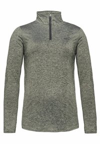 Pullover grigio a maniche lunghe con colletto a mezza zip. Realizzato in un tessuto leggero e texture. Presenta un logo discreto sul petto.