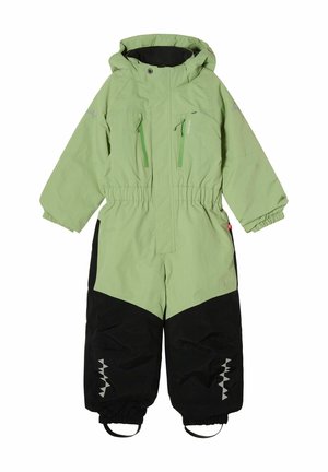 Grøn og sort børneonepiece med hætte, frontlynlås, lommer, elastisk talje, manchetter og fodremme for en sikker pasform.