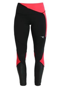 Collant sportivi neri con dettagli in mesh rosa, dotati di una vita alta, design elegante e un piccolo logo riflettente sul davanti.