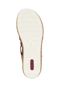 Sandal sole with a textured white bottom, featuring grooves for traction and a brown cork-like edge, embossed with a red "rieker" logo.