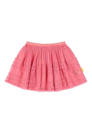 Jupe en tulle rose à volants avec une taille élastique et un petit motif d'ours à l'avant. Le tissu a une texture légère et transparente.