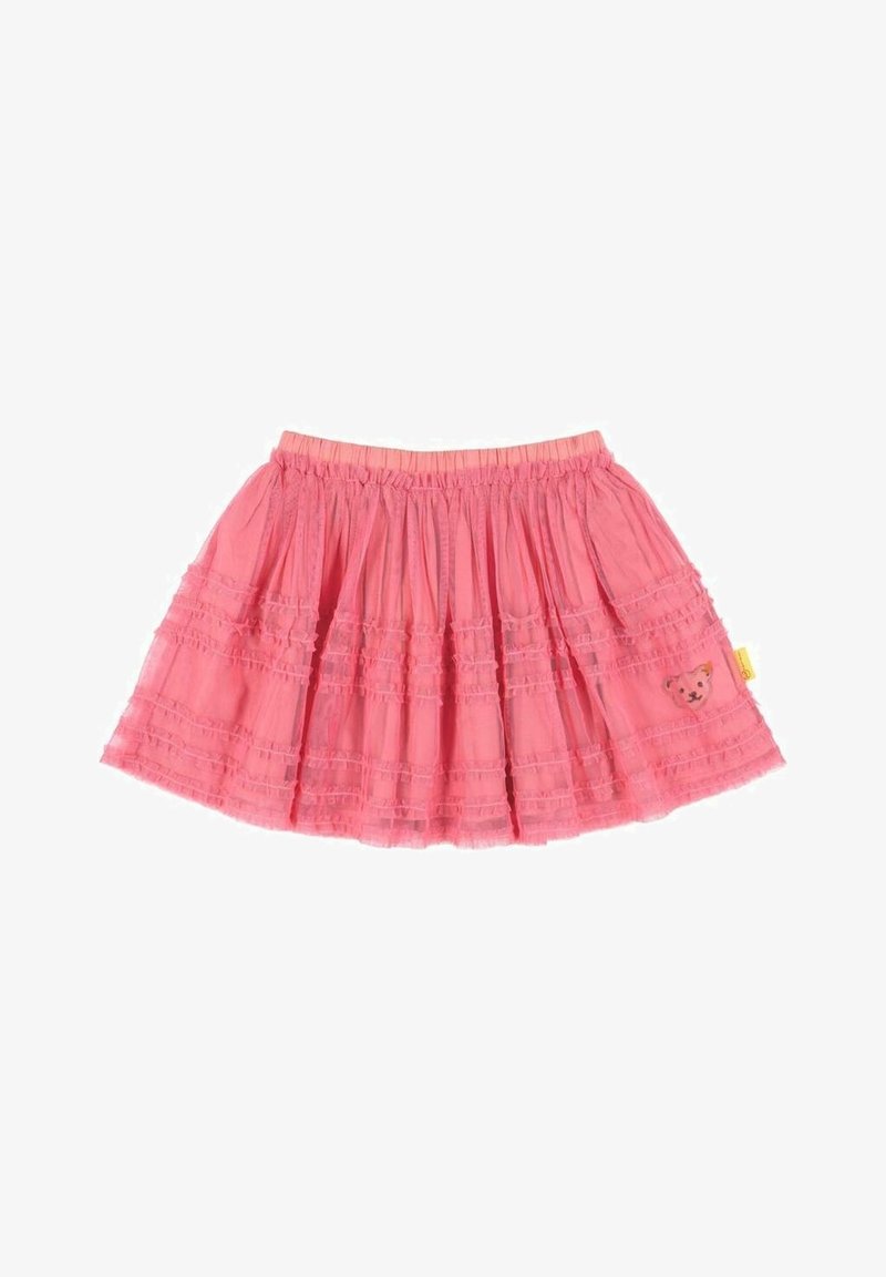 Jupe en tulle rose à volants avec une taille élastique et un petit motif d'ours à l'avant. Le tissu a une texture légère et transparente.