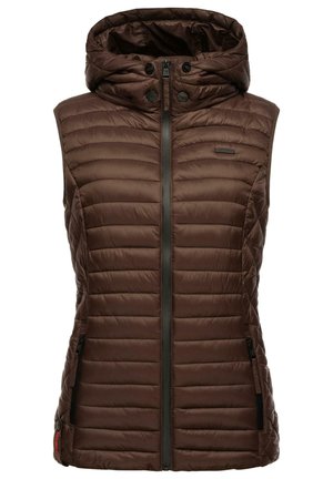 Gilet matelassé marron avec capuche, doté d'une fermeture éclair sur le devant et de deux poches latérales zippées. Design matelassé horizontal et détail du logo sur la poitrine.