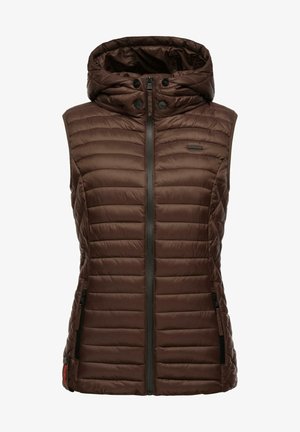 Brown padded vest with a hood, featuring a front zipper and two zippered side pockets. Horizontal quilted design and logo detail on the chest.