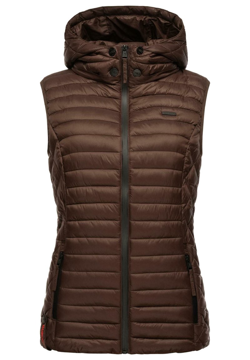 Brown padded vest with a hood, featuring a front zipper and two zippered side pockets. Horizontal quilted design and logo detail on the chest.