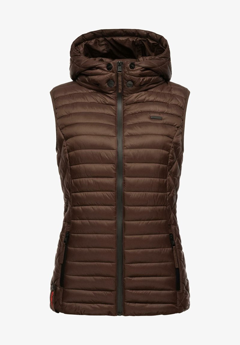 Brown padded vest with a hood, featuring a front zipper and two zippered side pockets. Horizontal quilted design and logo detail on the chest.