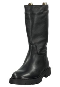 Black leather knee-high boot with a textured finish, round toe, and chunky rubber sole. Features pull tabs for easy wear.
