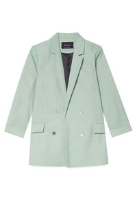 Blazer double boutonné vert menthe avec un motif pied-de-poule, revers crantés, deux poches avant et boutons ronds dorés.
