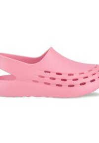 Roze klomp gemaakt van lichtgewicht materiaal, met ventilatiegaten, een gladde textuur en een ronde vorm met een gevoerde zool.