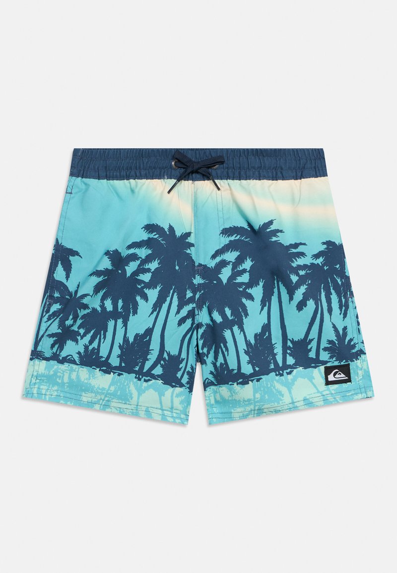 Shorts de bain bleu et turquoise avec des silhouettes de palmiers bleu foncé et une taille élastique bleu marine avec cordon, comportant un petit logo de la marque.