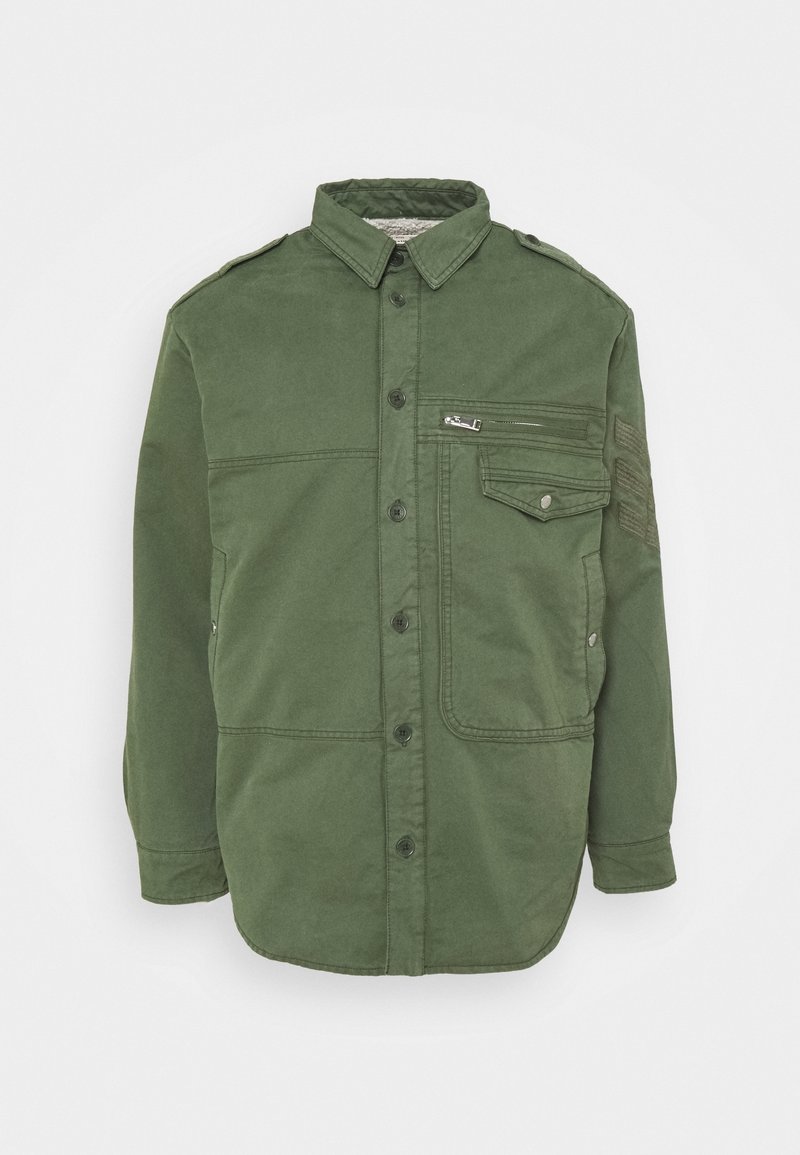 Green button-up jacket with collar, flap and zippered chest pockets, shoulder epaulets, and long sleeves against a light background.