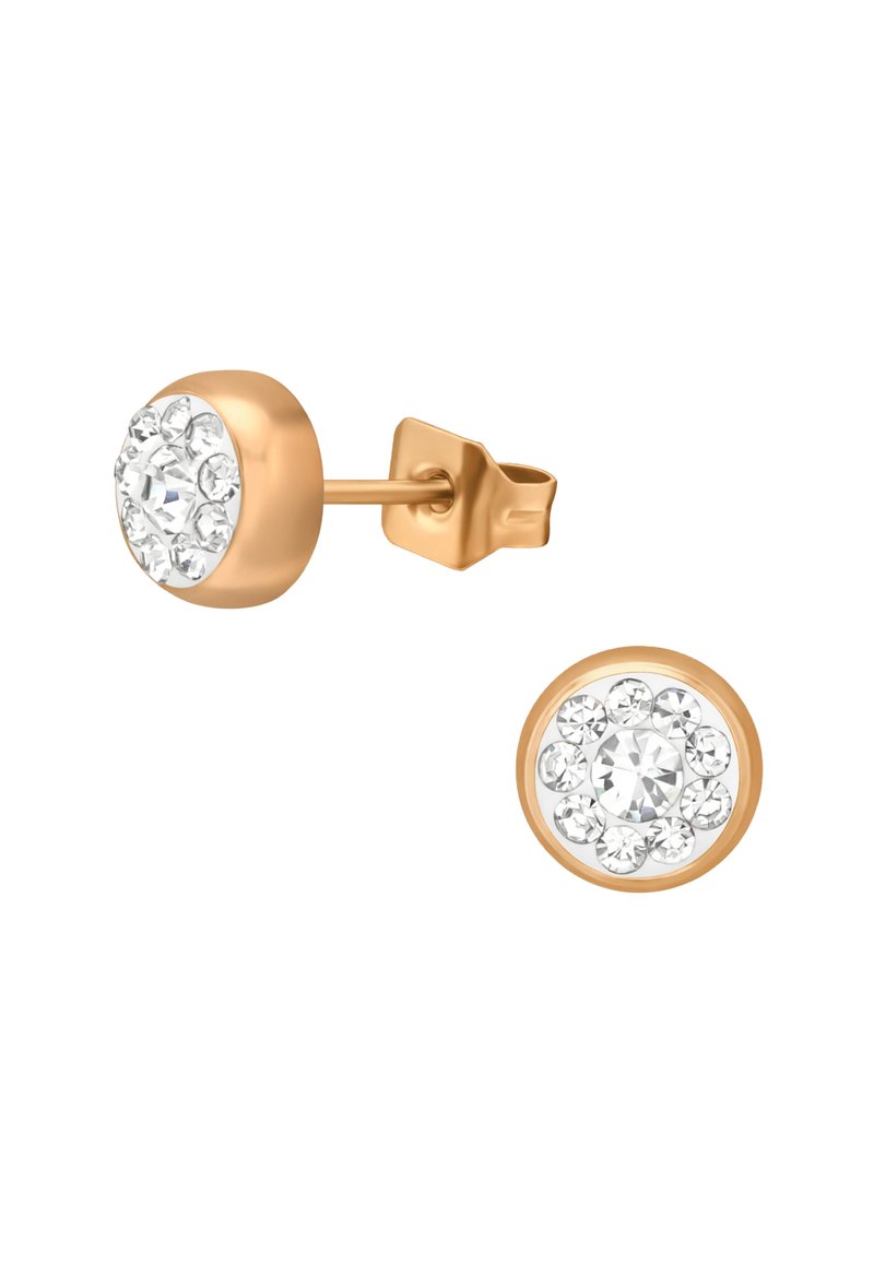 Orecchini a bottone in oro rosa con un design rotondo, decorati da un insieme di cristalli trasparenti e scintillanti attorno al centro, creando un effetto brillante.
