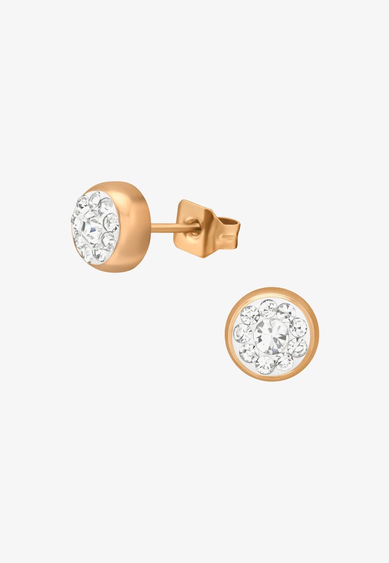 Roze-gouden studoorbellen met een ronde vorm, versierd met een groepje heldere, sprankelende kristallen rond het midden, wat een glinsterend effect creëert.