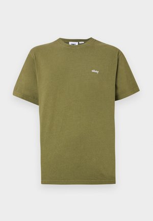 Olive green cotton t-shirt with short sleeves, round neck, and small white "obey" logo on the chest. Simple, regular fit design.