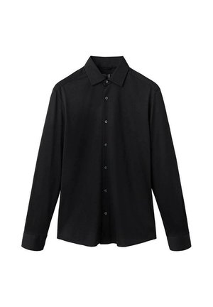 Black long-sleeve button-up shirt with collar, plain design, and buttoned cuffs, displayed on a white background.