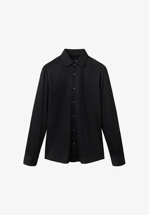 Cămașă neagră cu mânecă lungă, cu guler, design simplu și mansete cu nasturi, expusă pe un fundal alb.