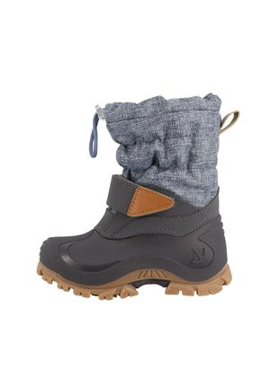 Szare wodoodporne buty z kołnierzem o teksturze denimu, który można złożyć. Zawierają brązowy skórzany akcent oraz gumową podeszwę z detalami zapewniającymi przyczepność.