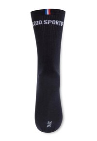Calcetín de crew negro con textura de acanalado, que presenta una pequeña franja en rojo y azul en la parte superior y la marca blanca "ECOO SPORTIF".