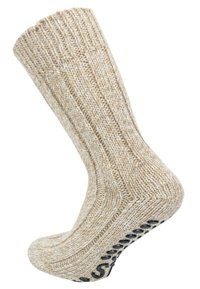 Beige gestrickte Wollsocke mit Rippmuster, ausgestattet mit einer gepolsterten Sohle und schwarzer, rutschfester Beschriftung auf der Unterseite.