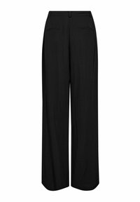 Black wide-leg trousers made of lightweight fabric, featuring a flat waistband, two front pockets, and two back pockets.