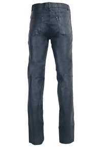 Donkerblauwe leren broek met een gladde textuur, voorzien van een klassiek vijf-pocket ontwerp en subtiele stiksels aan de achterkant.
