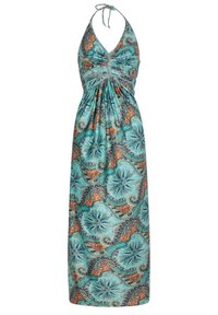 Maxikleid in Türkis mit Paisleymuster. Es hat einen Halterneck-Träger und eine geraffte Taille für eine fließende Silhouette. Hergestellt aus leichtem Stoff.