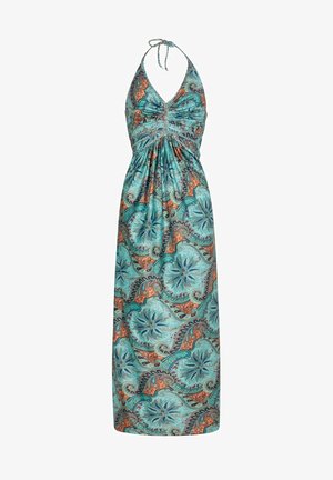 Maxi dress in turquoise with a paisley pattern. Features halter neck straps and gathered waist for a flowing silhouette. Made from lightweight fabric.