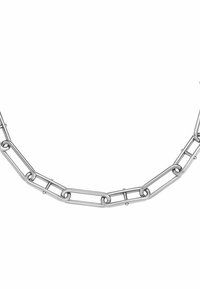 Halskette aus silbernem Metall mit verlängerten Gliedern, hochwertiger Oberfläche und kreisförmigen Akzenten, entworfen im minimalistischen Stil.
