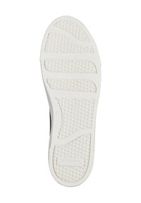 Semelle de chaussure blanche avec motifs de bande de roulement texturés et nom de la marque "Tamaris" embossé près du talon.