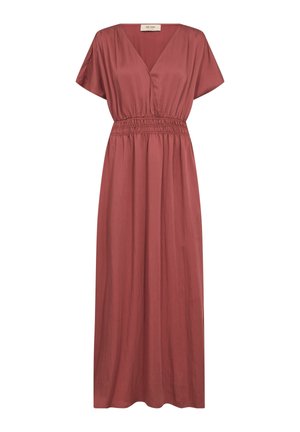 Fioletowo-różowa sukienka maxi z krótkim rękawem, dekoltem w serek oraz elastycznym pasem, wykonana z lekkiego materiału.