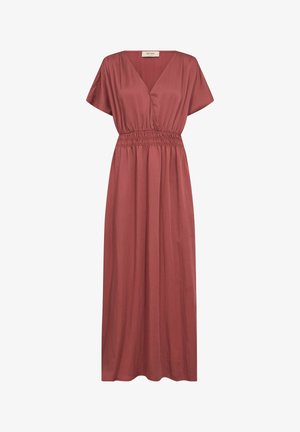 Rochie maxi mov cu mâneci scurte, decolteu în V și talie elastică, realizată din material ușor.