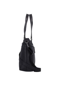 Mustan nahkainen olkalaukku, jossa on kapeneva muotoilu, säädettävät hihnat, hopeiset yksityiskohdat ja vetoketjullinen tasku.