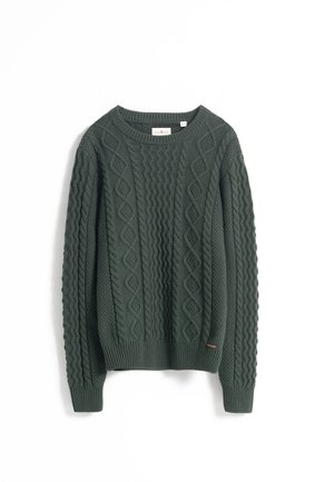 Jersey de punto verde oscuro con patrones de trenzas, un cuello redondeado y puños y dobladillo acanalados. Pequeña etiqueta con logo en el lado inferior.