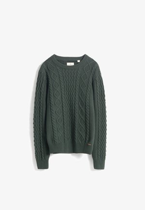 Jersey de punto verde oscuro con patrones de trenzas, un cuello redondeado y puños y dobladillo acanalados. Pequeña etiqueta con logo en el lado inferior.