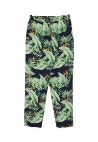 Pantalons à imprimé tropical avec un fond bleu marine, ornés de grandes feuilles vertes et d'accents orange. Taille élastique ; tissu doux et léger.