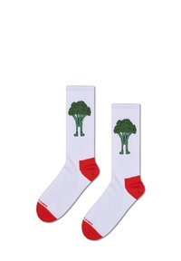 Hvide bomuldsokker med røde hæl- og tådetaljer. Har et grønt, tegneserieagtigt broccolidesign på hver sok. Gentagende mønster.